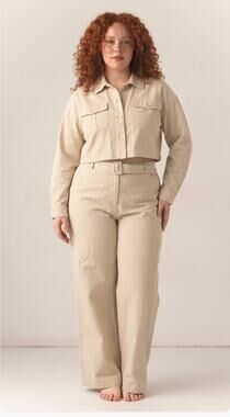Scoop Beige Utility 2 Piece Set Cropped Shirt Belted Wide Leg Pants Size 16 NWT